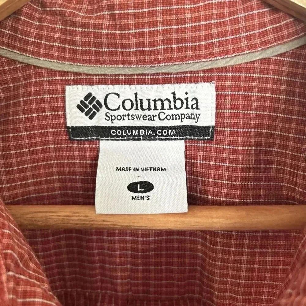 Rust Red Micro Plaid Cotton Button Down Columbia Short Sleeve Shirt Men’s Large - Picture 3 of 11